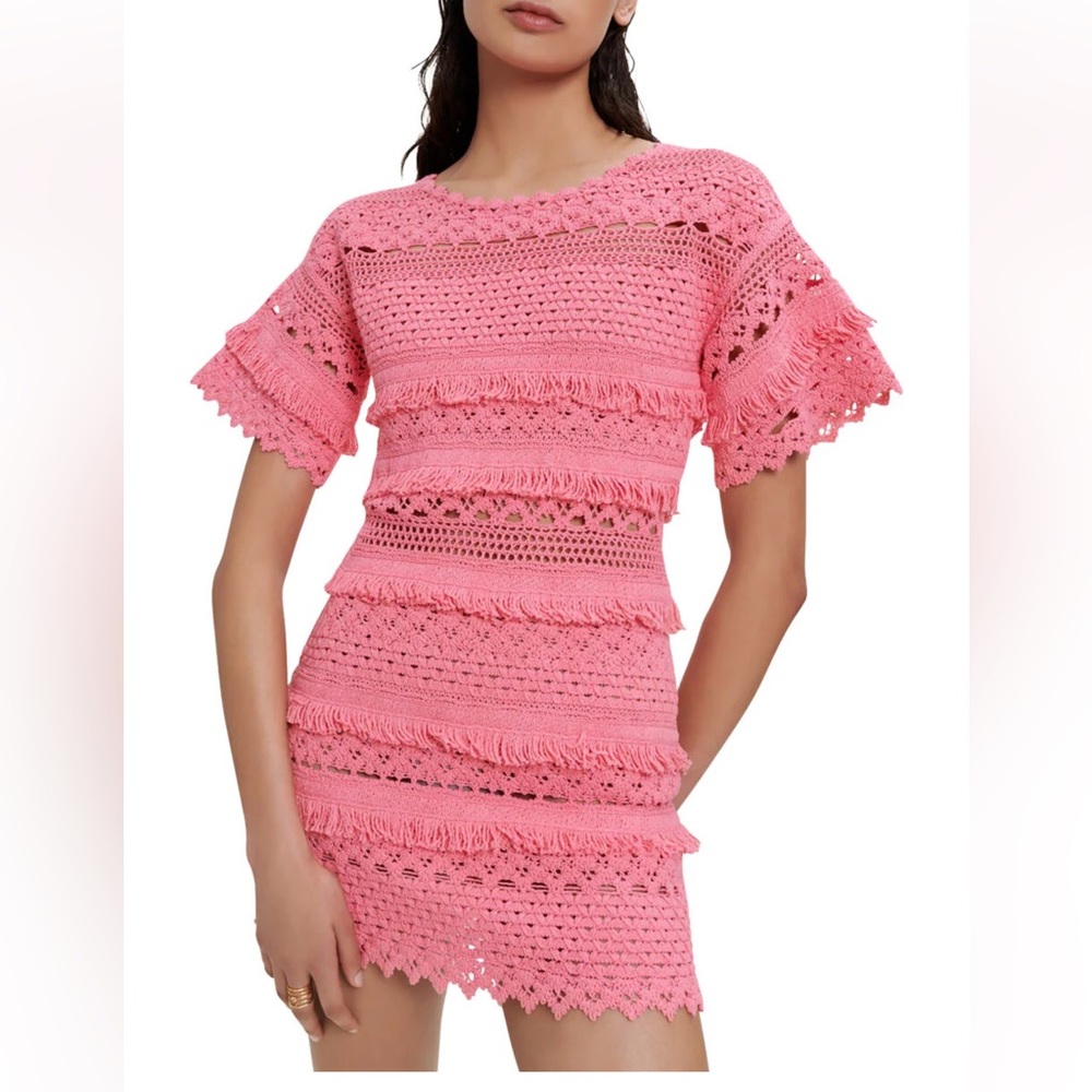 NWT Maje Rosy Pink Mini Dress Sz 36 Decorative Knit Short Sleeve